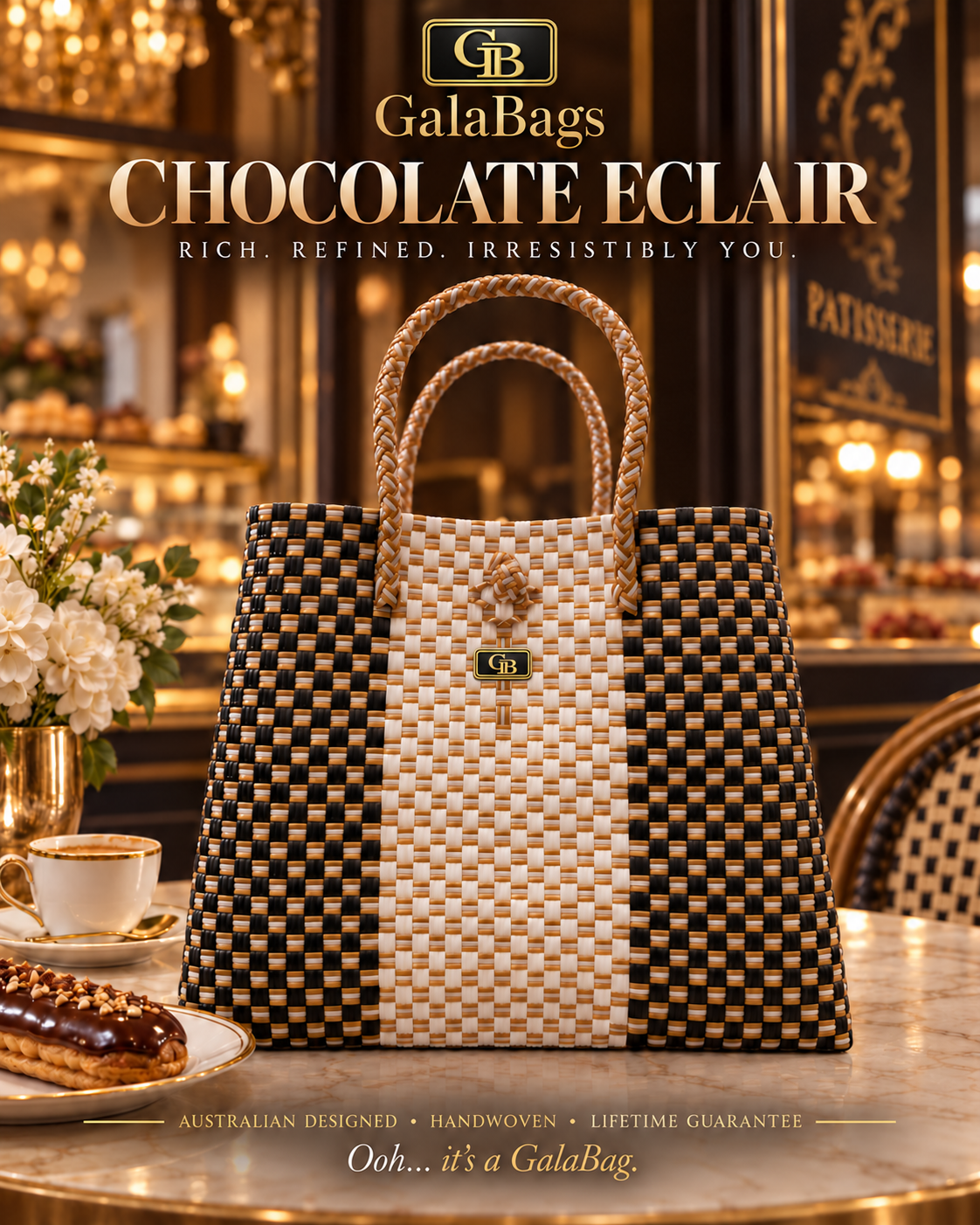 Chocolate Eclair GalaBag in black, caramel and ivory – AI-styled patisserie product artwork