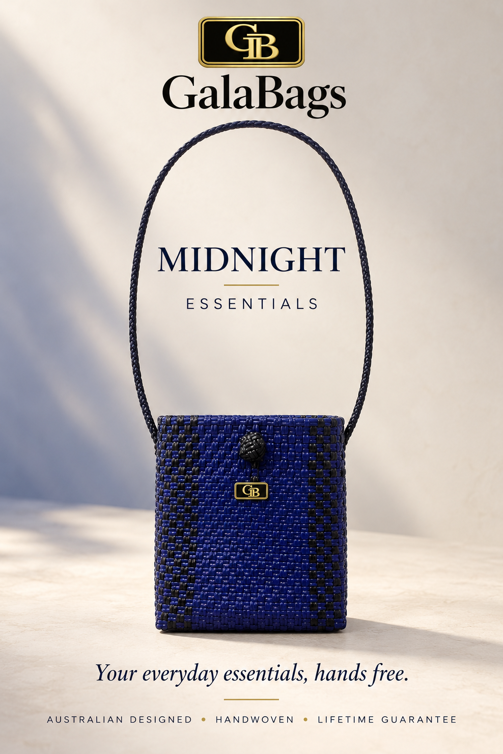Midnight Essentials GalaBag AI-styled advertising cover with GB logo and front badge