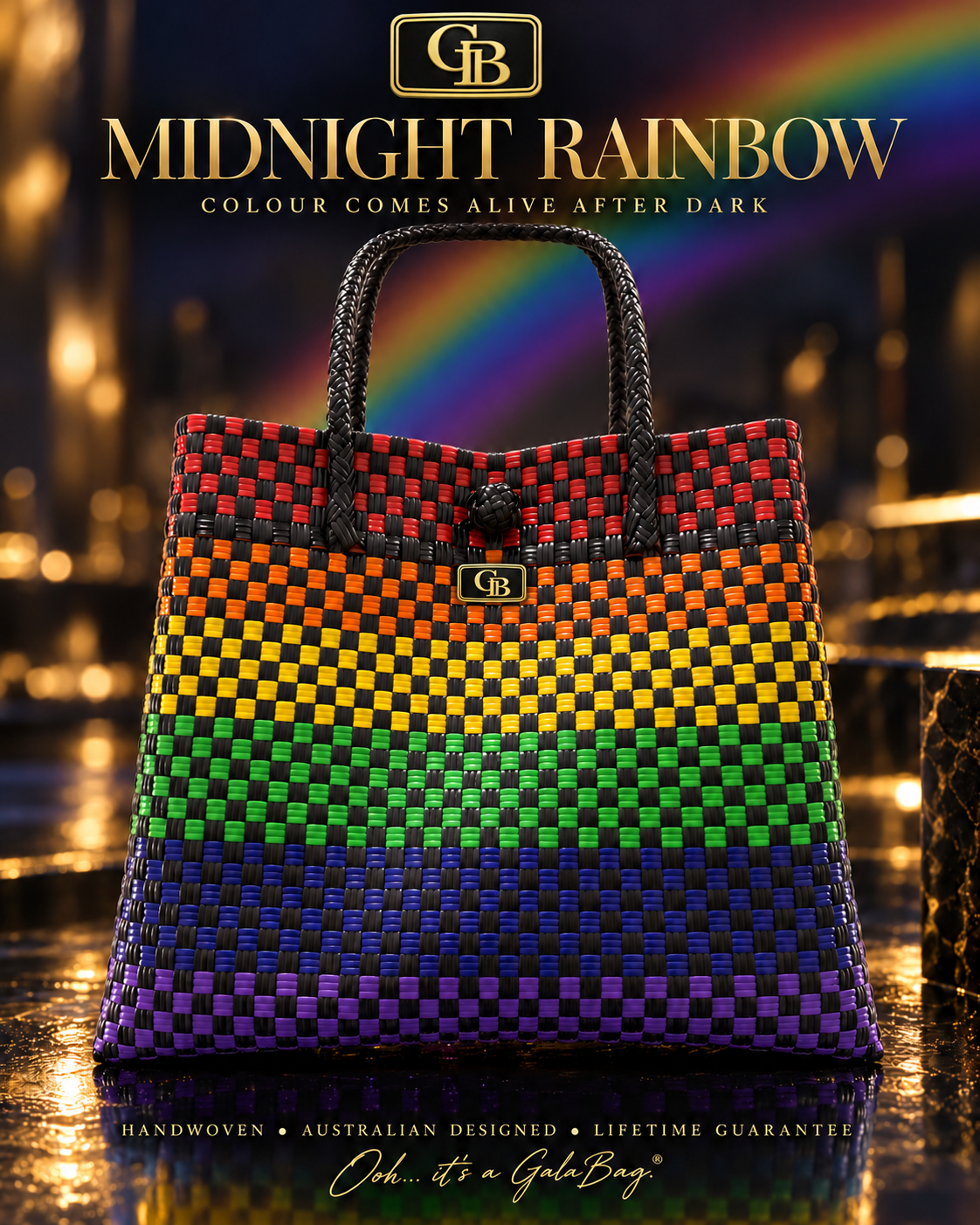 Midnight Rainbow GalaBag with six rainbow colour bands, black check weave and rectangular GB badge — AI-styled product artwork