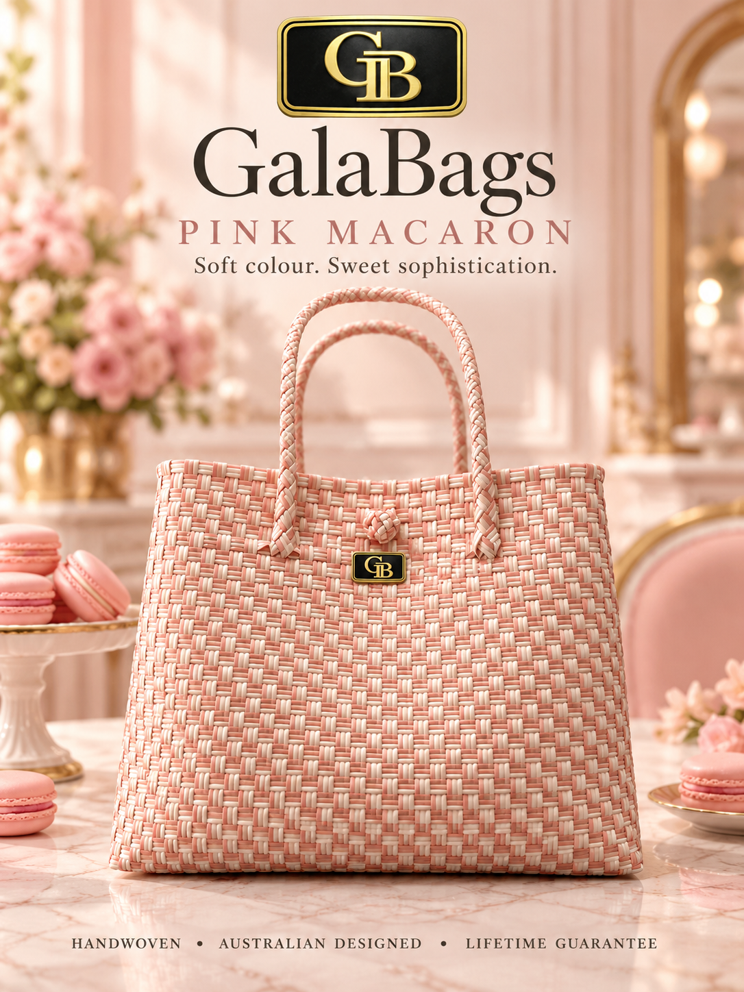 Pink Macaron GalaBag styled advertising image with rectangular GB badge