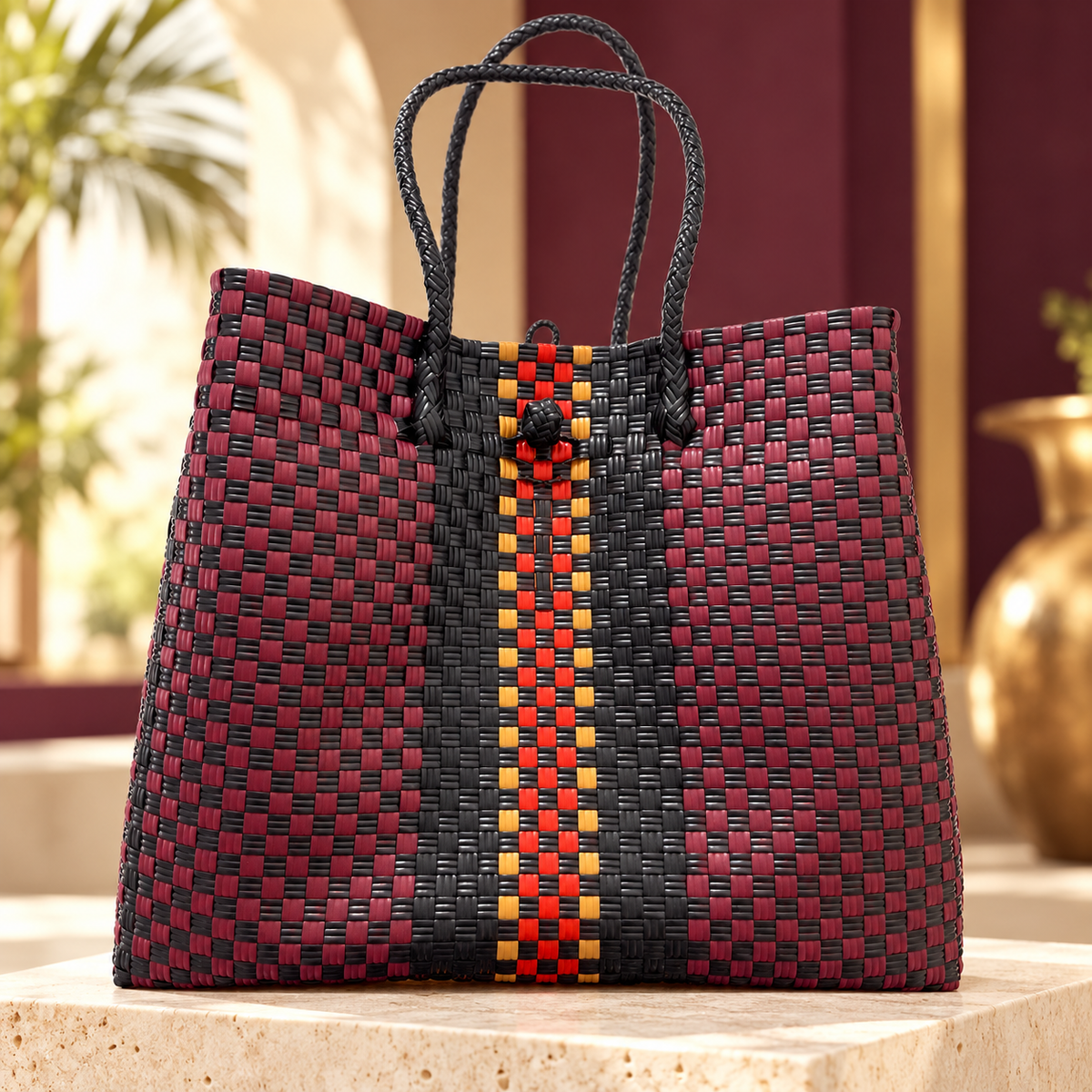 AI-styled lifestyle image of Plum Royale handwoven GalaBag on an ivory stone plinth