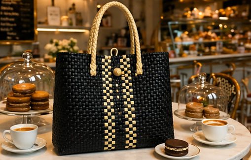 Lifestyle image of the Cookies and Cream black and cream handwoven GalaBag tote