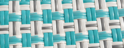 Close-up of Saint-Tropez 100% Recycled Plastic Gala Bag woven pattern with turquoise and gray colors