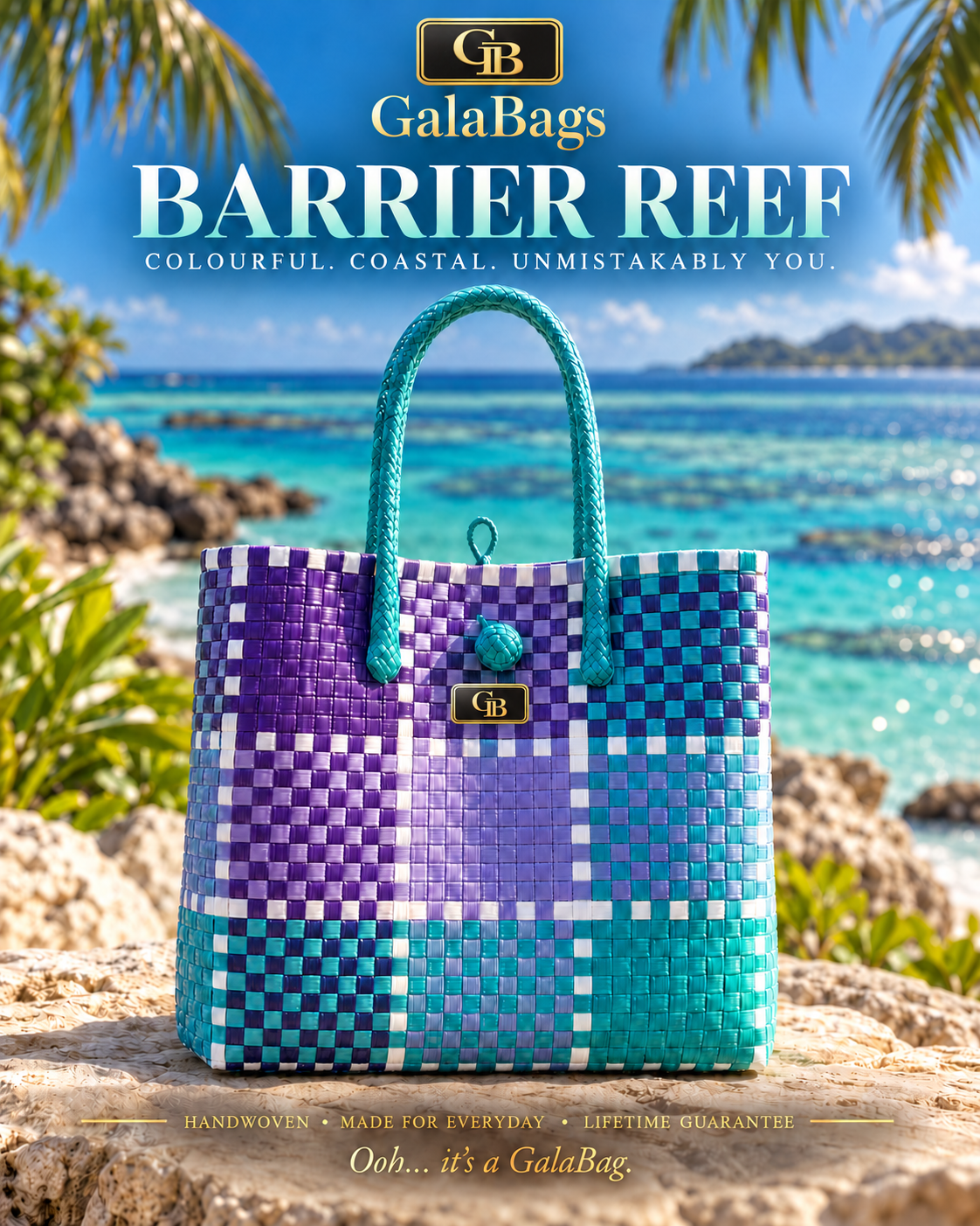 Barrier Reef GalaBag – teal, purple and white handwoven tote, AI-styled coastal product artwork