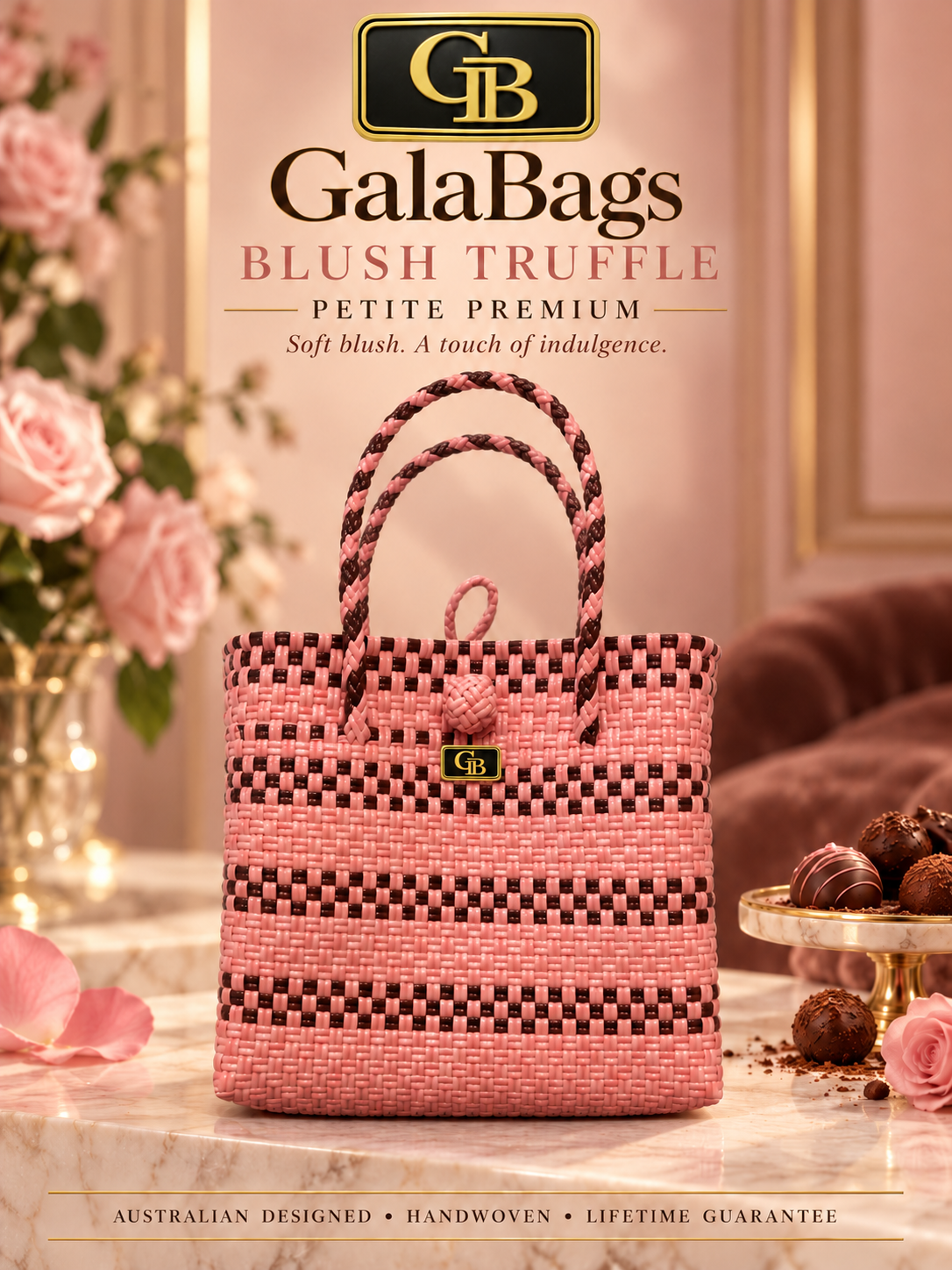 Blush Truffle Petite Premium GalaBag styled cover with GB logo and badge