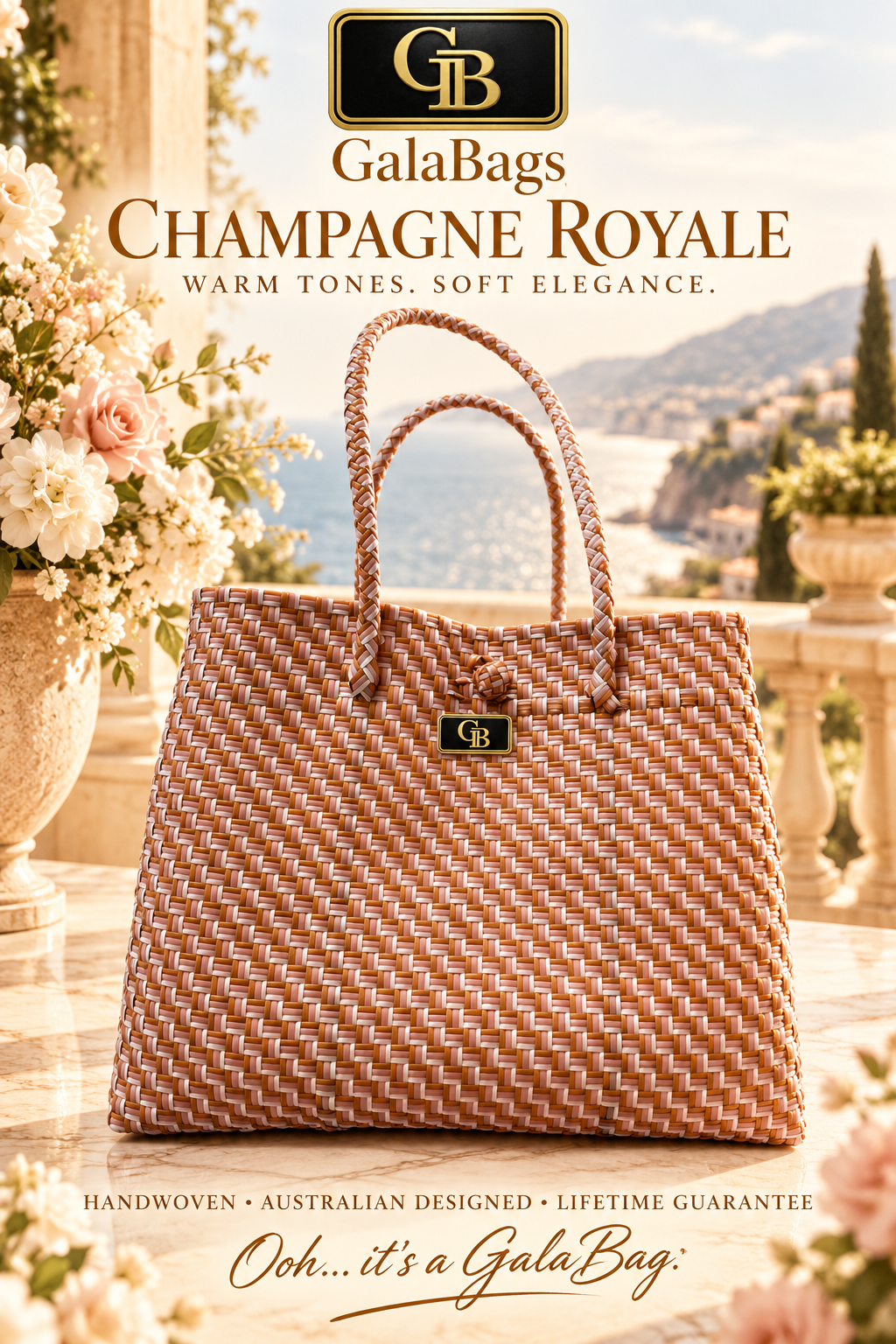 Champagne Royale GalaBag in copper, musk and white stepped weave with GB badge — AI-styled resort advertising