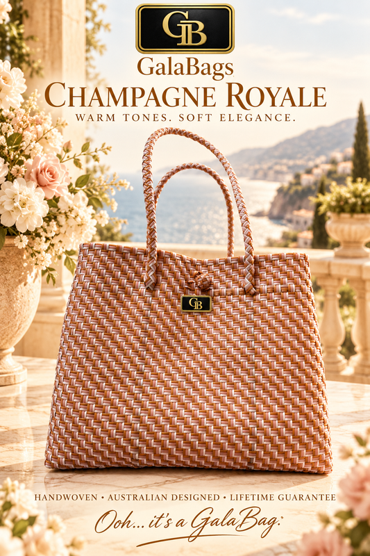 Champagne Royale GalaBag in copper, musk and white stepped weave with GB badge — AI-styled resort advertising