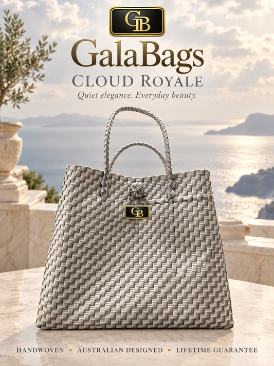 Cloud Royale GalaBag styled advertising cover with GB logo and grey stepped weave