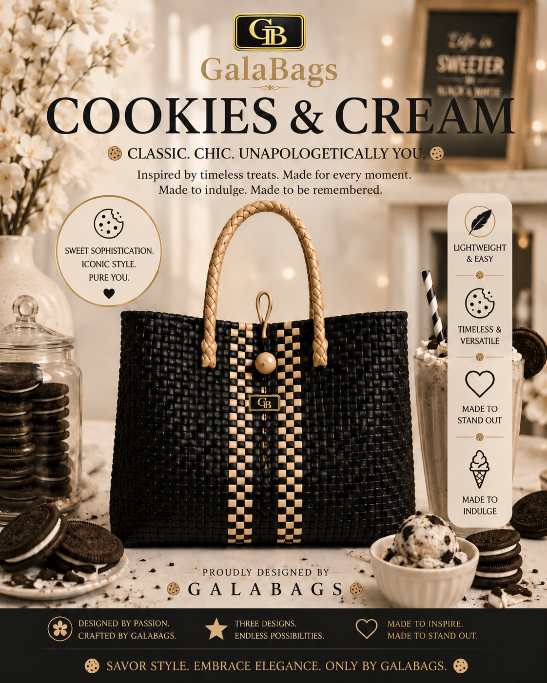 Cookies and Cream GalaBag black and cream handwoven tote in branded promotional styling
