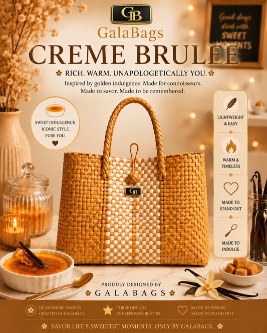 Crème Brûlée GalaBag caramel and neutral handwoven tote in branded promotional styling