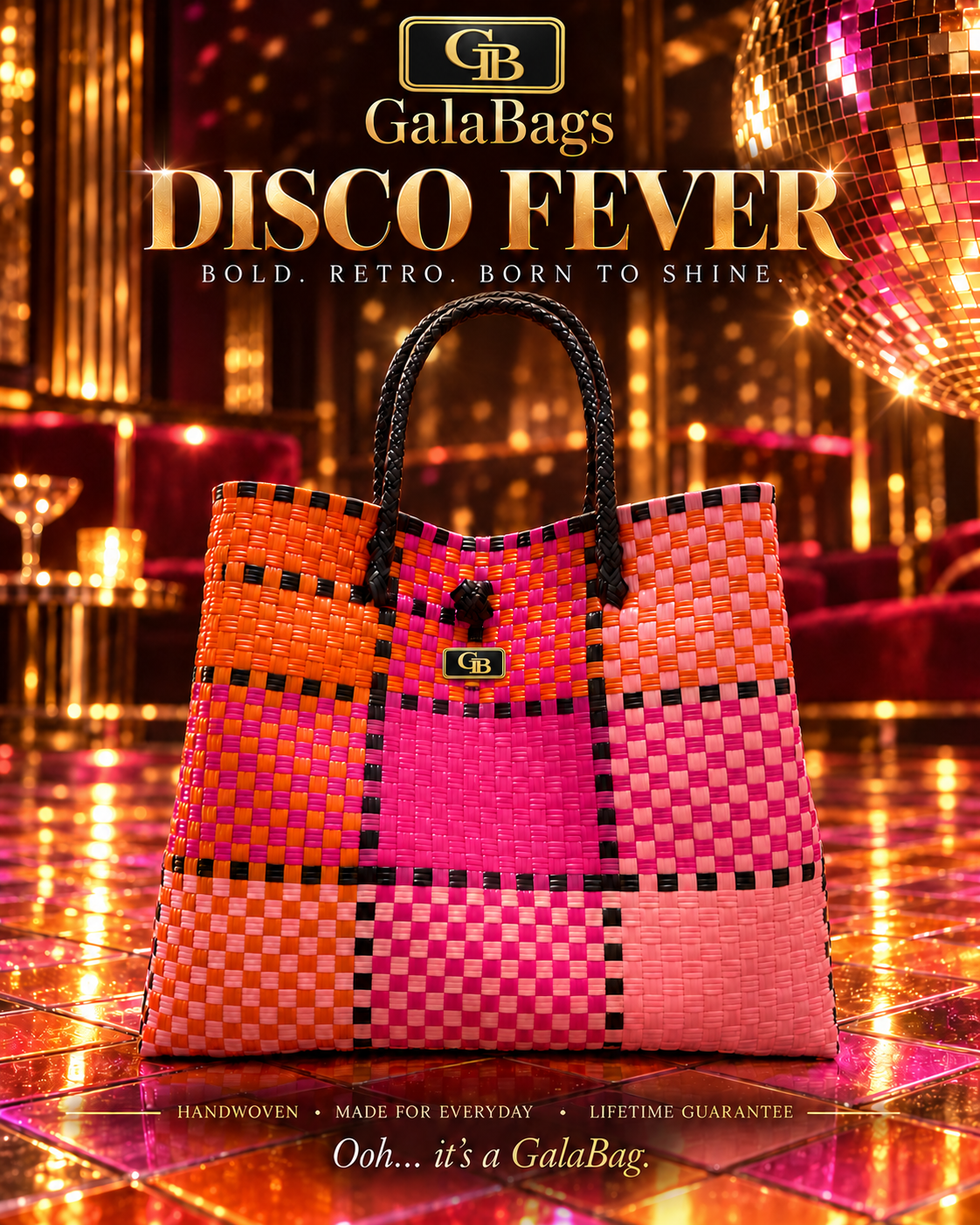 Disco Fever GalaBag – orange, pink and black patchwork tote in branded disco artwork