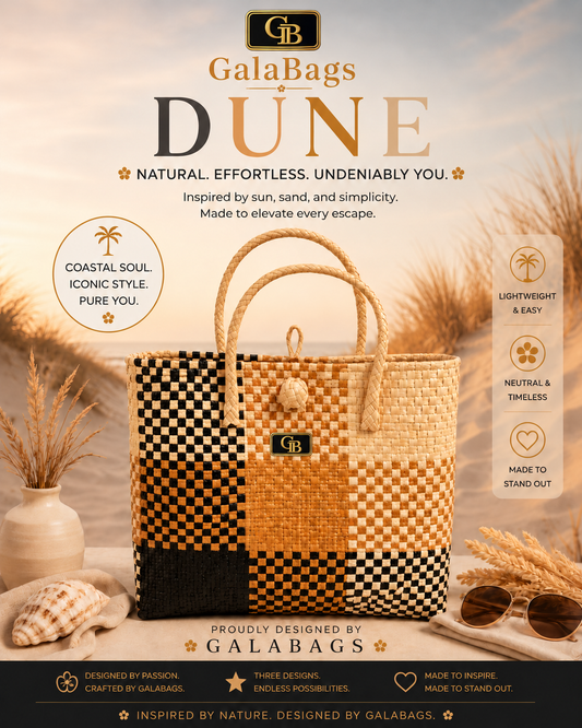Dune GalaBag sand and earthy-neutral handwoven tote in branded promotional styling