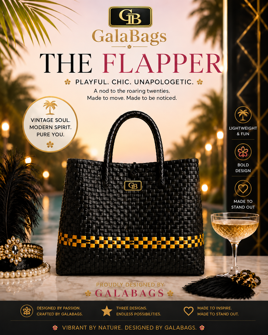 The Flapper GalaBag black and gold handwoven tote in Art Deco promotional styling