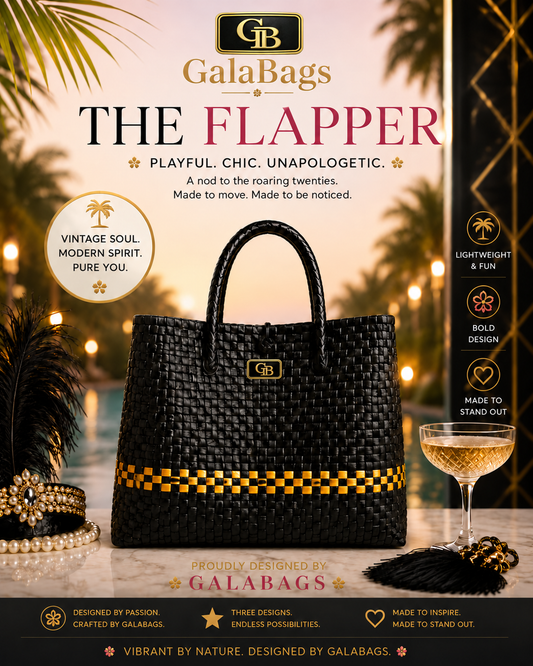 The Flapper GalaBag black and gold handwoven tote in Art Deco promotional styling
