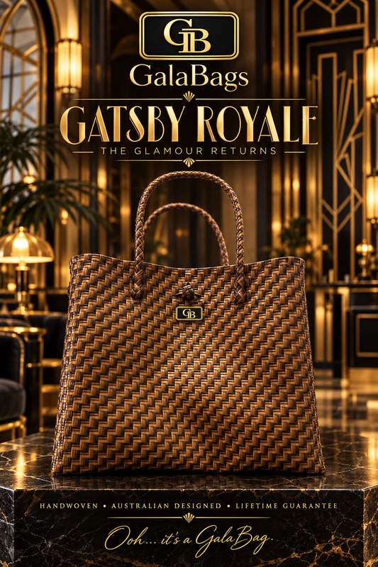 Gatsby Royale GalaBag with gold, bronze and dark stepped weave and interlocking GB badge — AI-styled Art Deco advertising