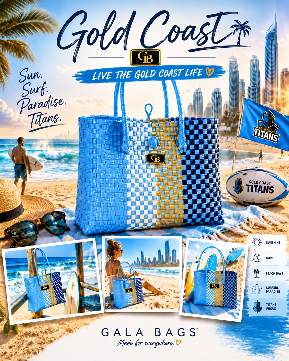 Lifestyle image of the Gold Coast ocean-blue and coastal-tone handwoven GalaBag tote