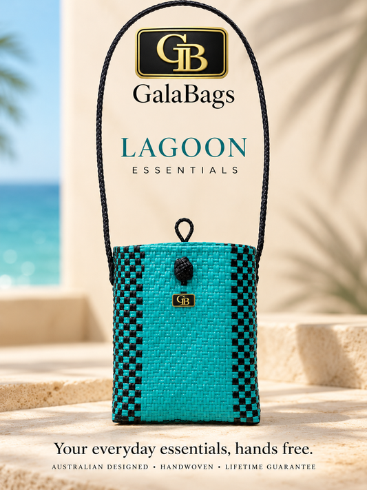 Lagoon Essentials GalaBag AI-styled coastal advertising photo with GB logo and front badge