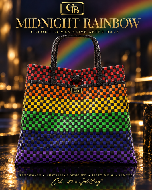 Midnight Rainbow GalaBag with six rainbow colour bands, black check weave and rectangular GB badge — AI-styled product artwork