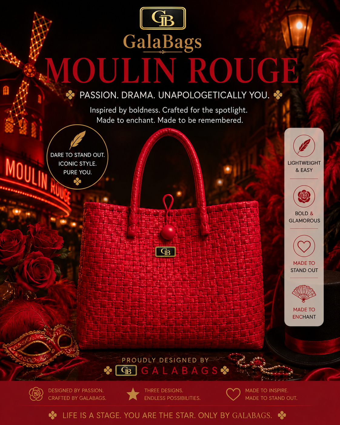 Moulin Rouge GalaBag vibrant red handwoven tote in Paris-inspired promotional styling
