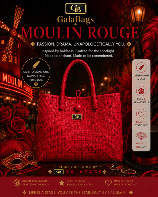 Moulin Rouge GalaBag vibrant red handwoven tote in Paris-inspired promotional styling