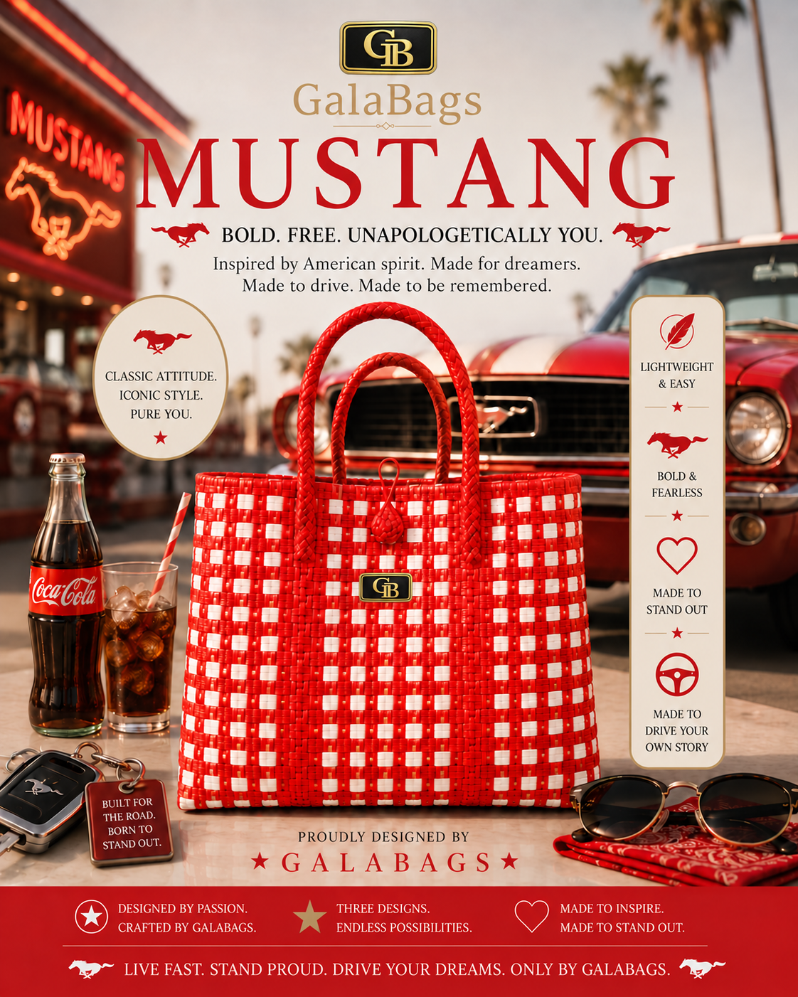 Mustang GalaBag bold red handwoven tote in branded promotional styling