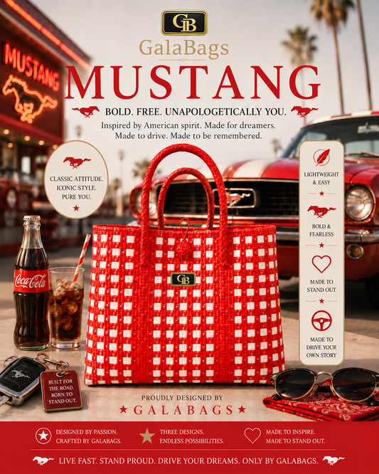 Mustang GalaBag bold red handwoven tote in branded promotional styling