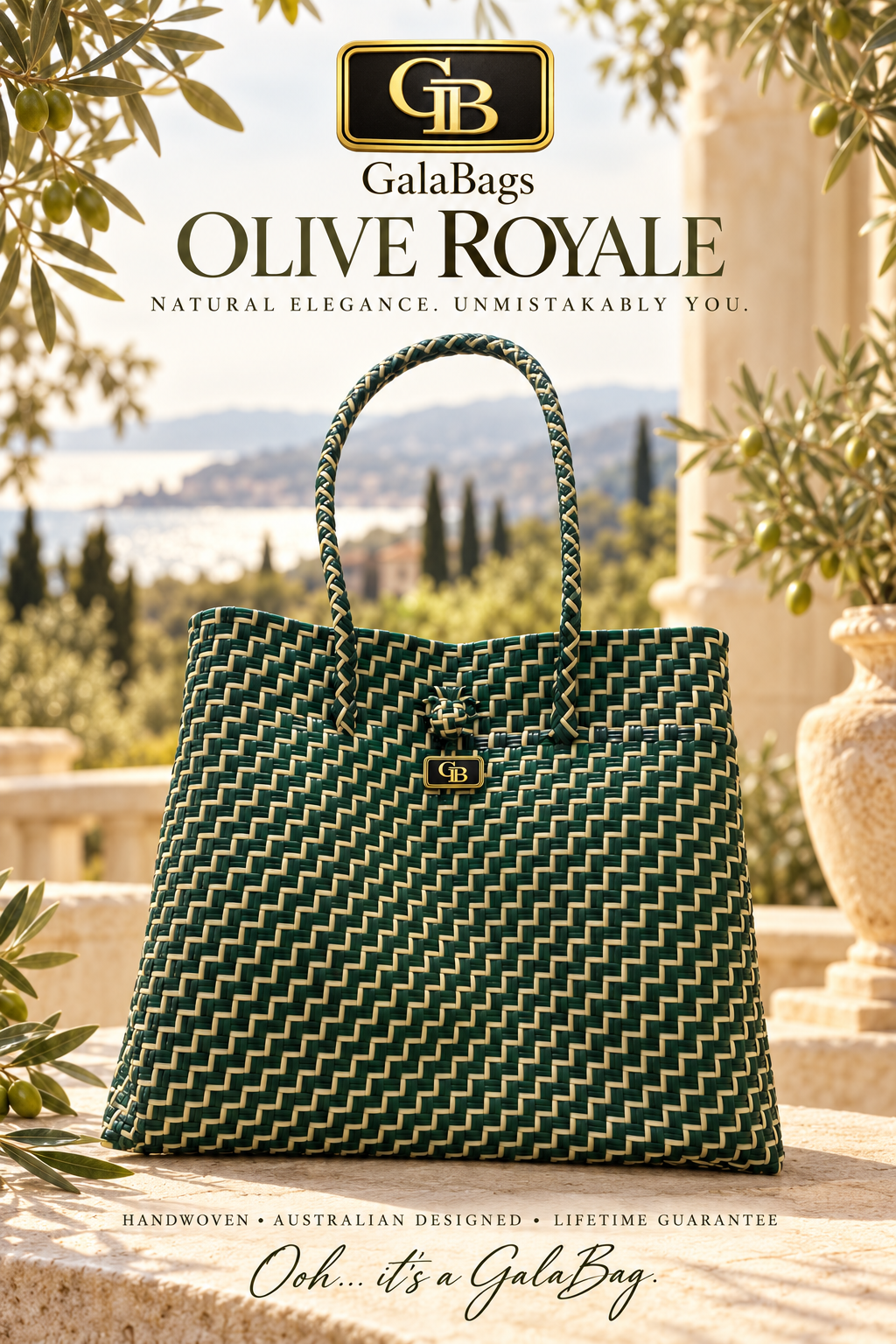 Olive Royale GalaBag in green and ivory stepped weave with interlocking GB badge — AI-styled olive-garden cover