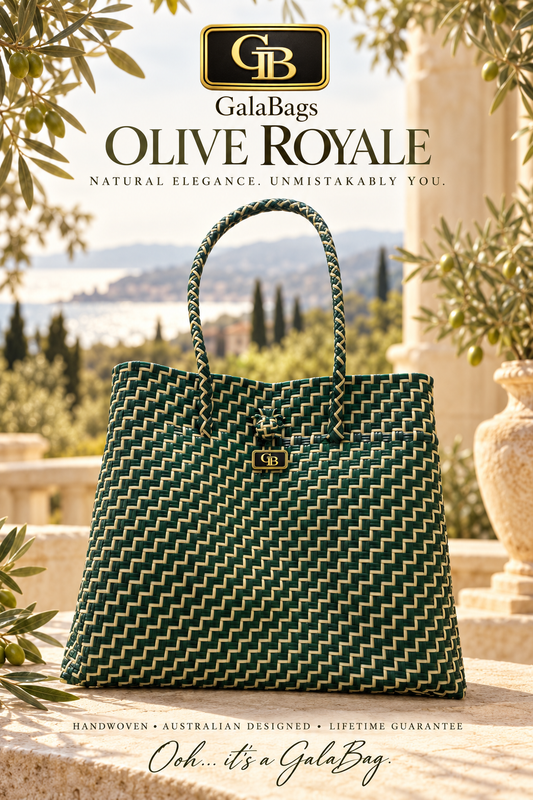 Olive Royale GalaBag in green and ivory stepped weave with interlocking GB badge — AI-styled olive-garden cover