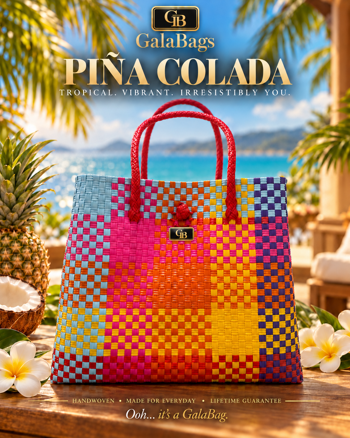 Piña Colada GalaBag with two red handles – tropical multicolour branded product artwork