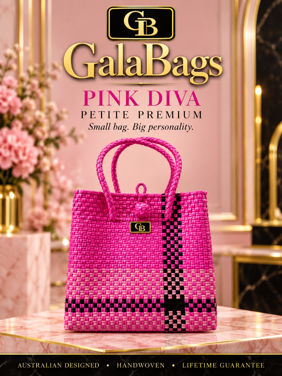 Pink Diva Petite Premium GalaBag styled advertising cover with GB badge