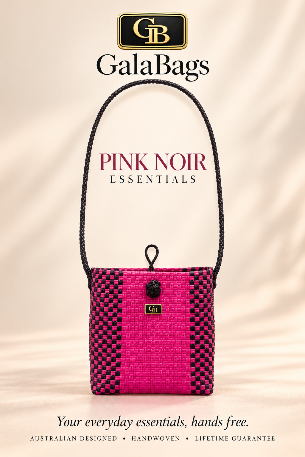 Pink Noir GalaBags Essentials AI-styled advertising cover with official GB logo reference and front badge