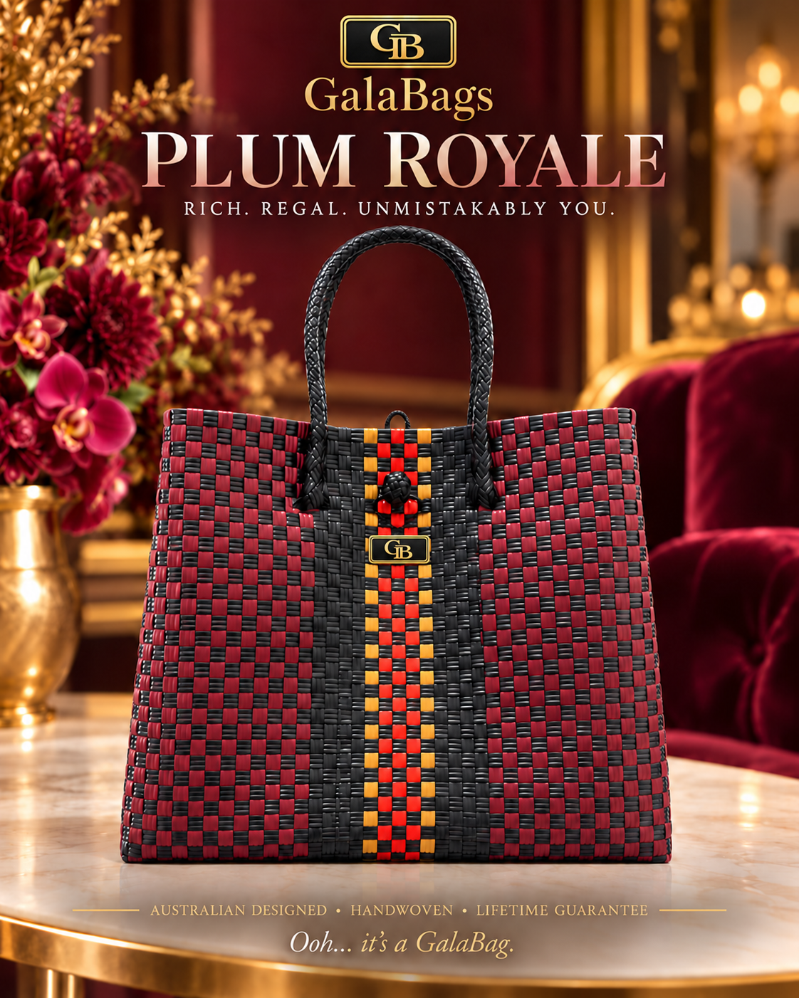 Plum Royale GalaBag – polished branded artwork in plum and black with red and gold accents