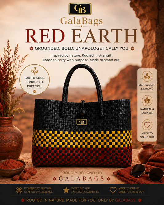 Red Earth GalaBag black, ochre and deep red handwoven tote in branded promotional styling