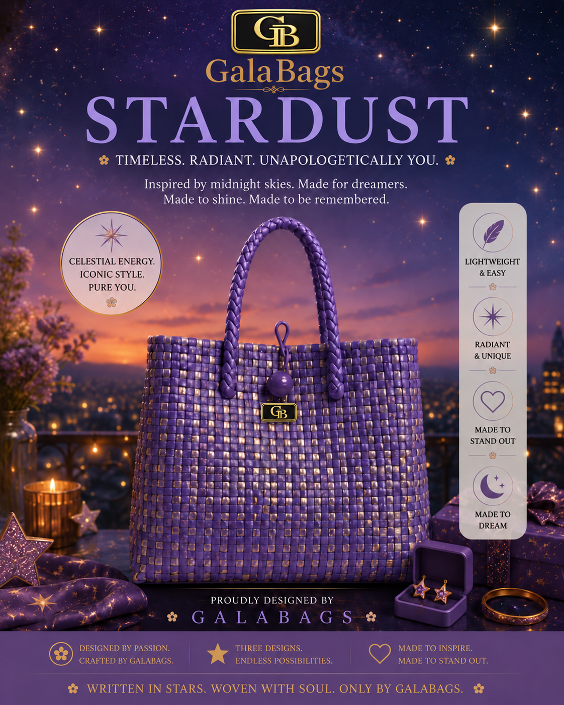 Stardust GalaBag lavender and twilight blue handwoven tote in branded promotional styling
