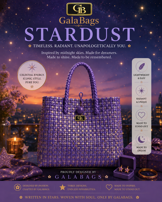 Stardust GalaBag lavender and twilight blue handwoven tote in branded promotional styling