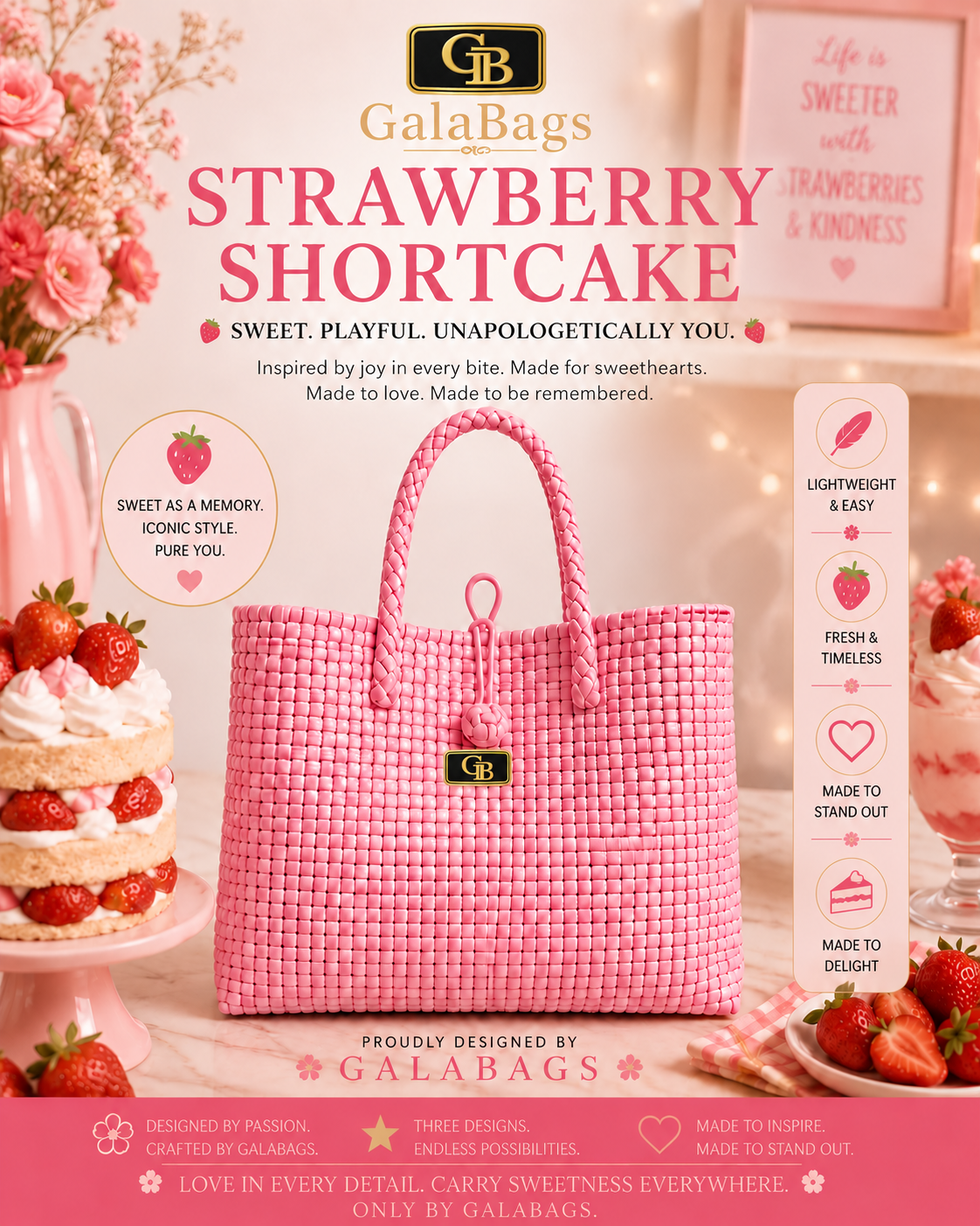 Strawberry Shortcake GalaBag pink and white handwoven tote in branded promotional styling