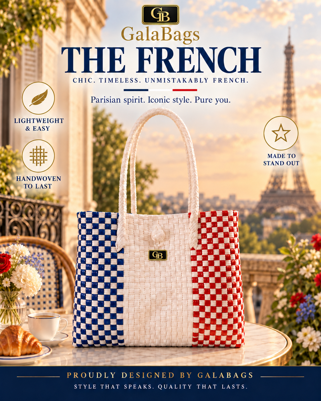 The French GalaBag blue, white and red handwoven tote in Paris-inspired branded styling