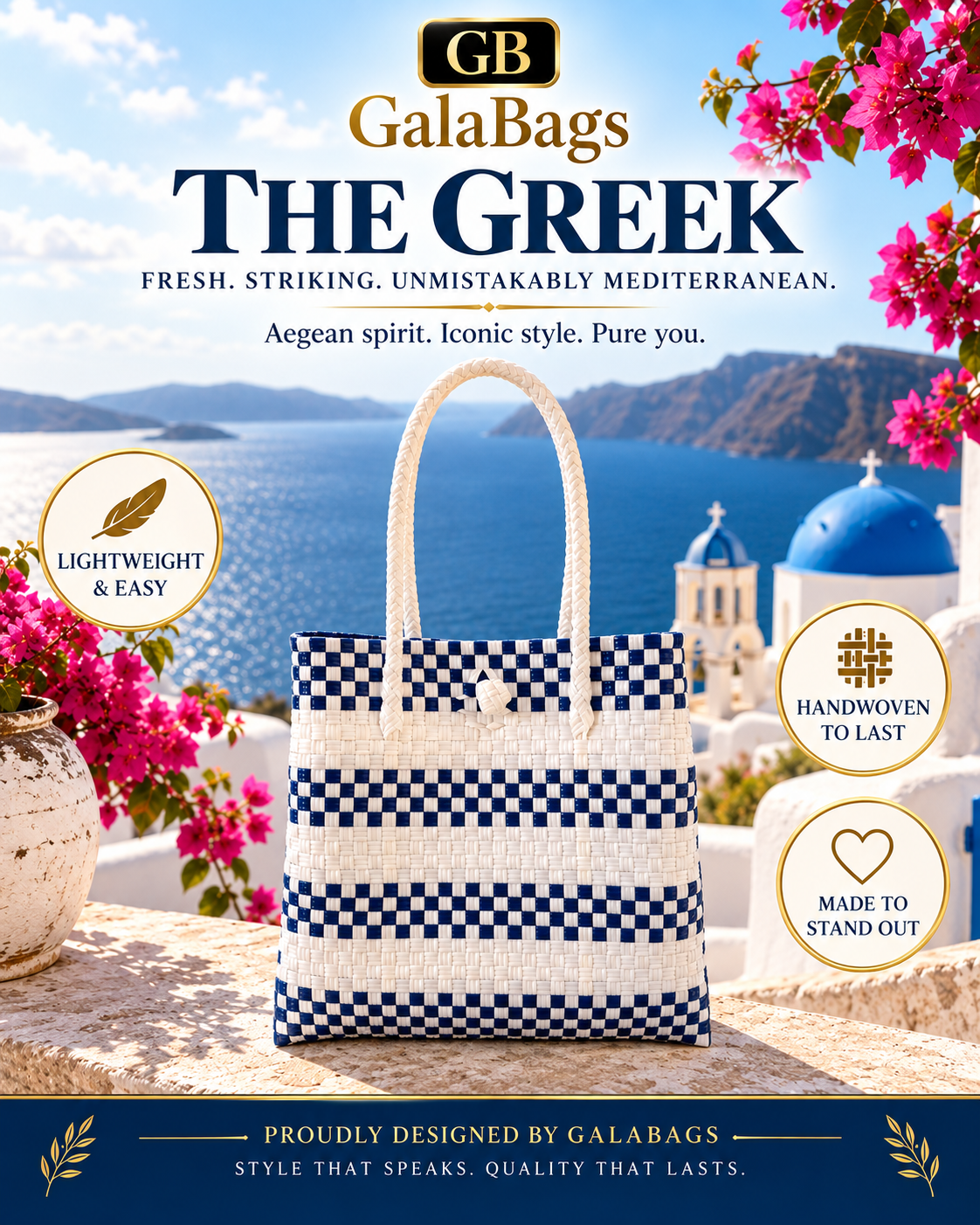 The Greek GalaBag in deep blue and white on a Santorini terrace, with GalaBags branding and product features.