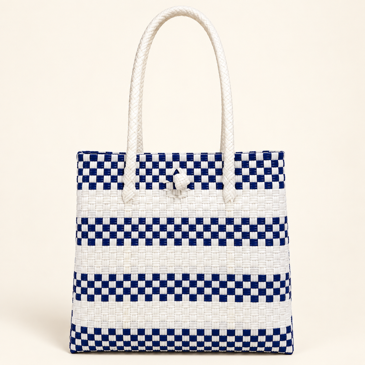 Front view of The Greek GalaBag, handwoven in deep blue and white.