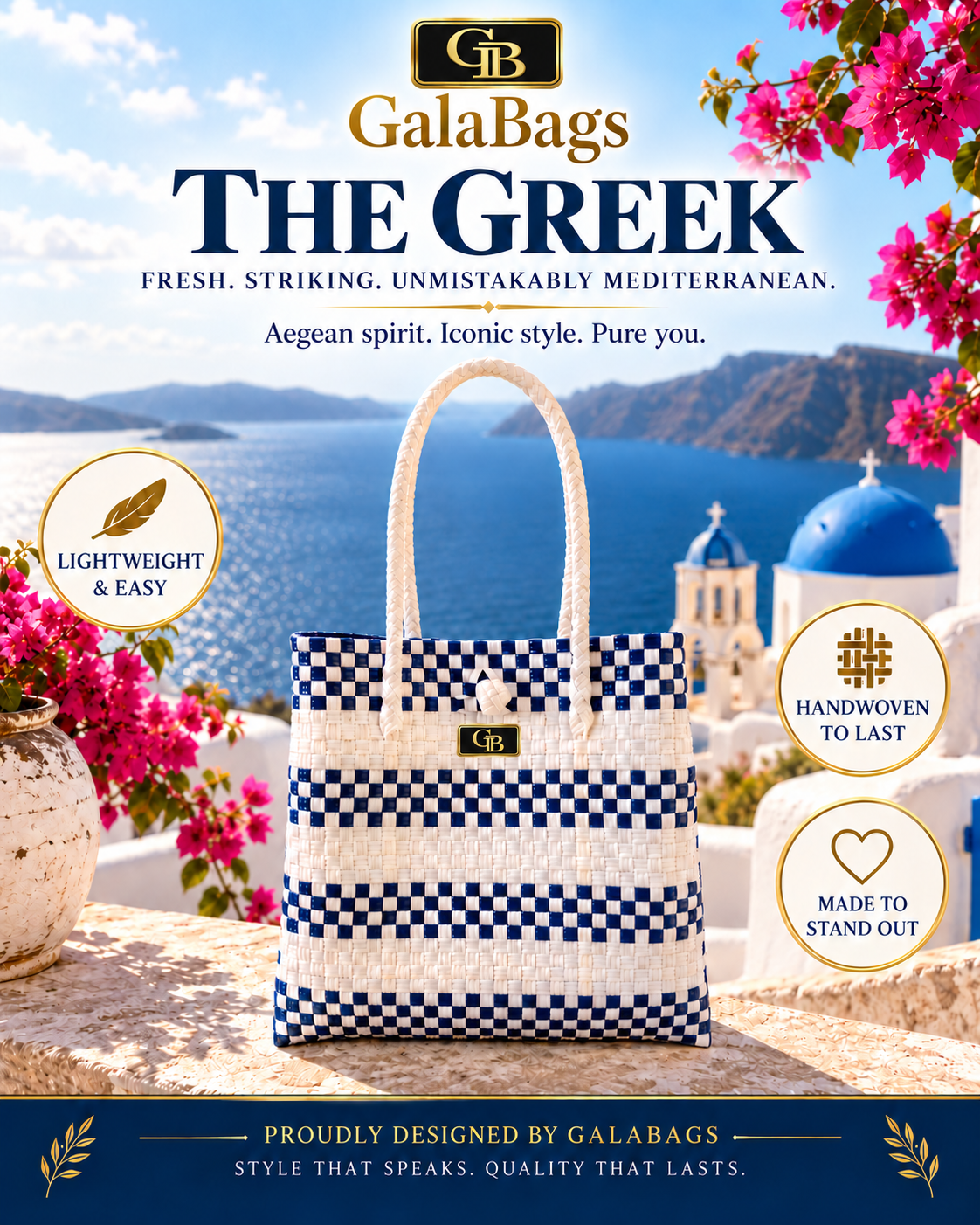The Greek GalaBag deep blue and white handwoven tote on a Santorini terrace