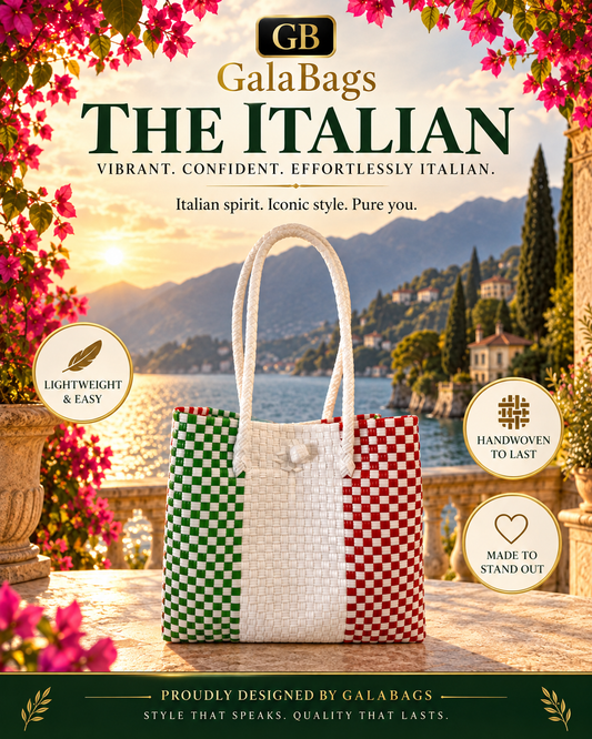 The Italian GalaBag in green, white and red at Lake Como, with GalaBags branding and product features.