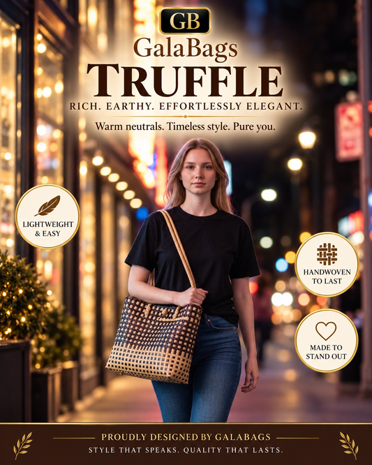 Truffle GalaBag in earthy tan and chocolate tones, carried in an evening city setting with GalaBags branding and product features.