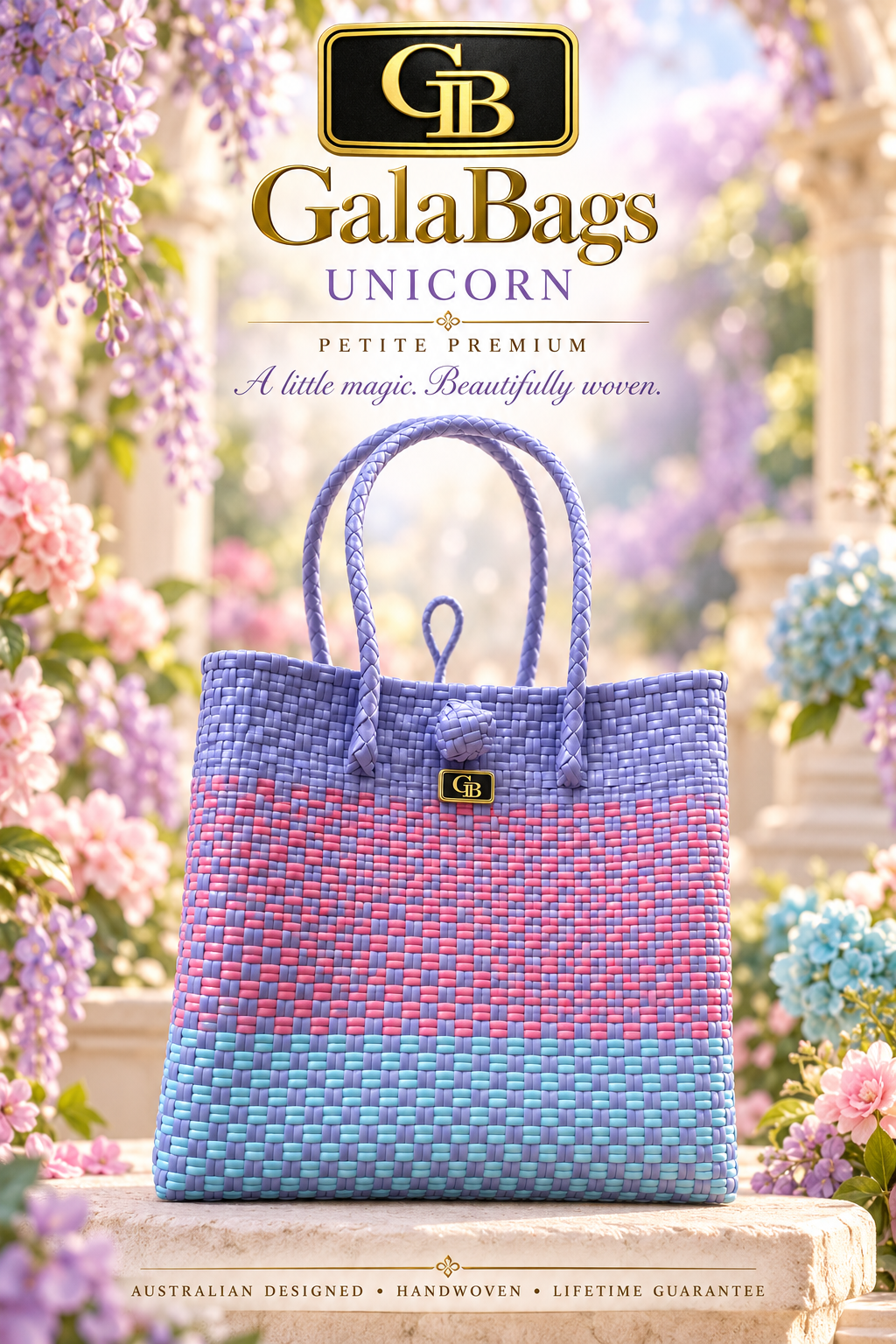 Unicorn Petite Premium GalaBag styled cover in lilac pink and aqua with GB badge