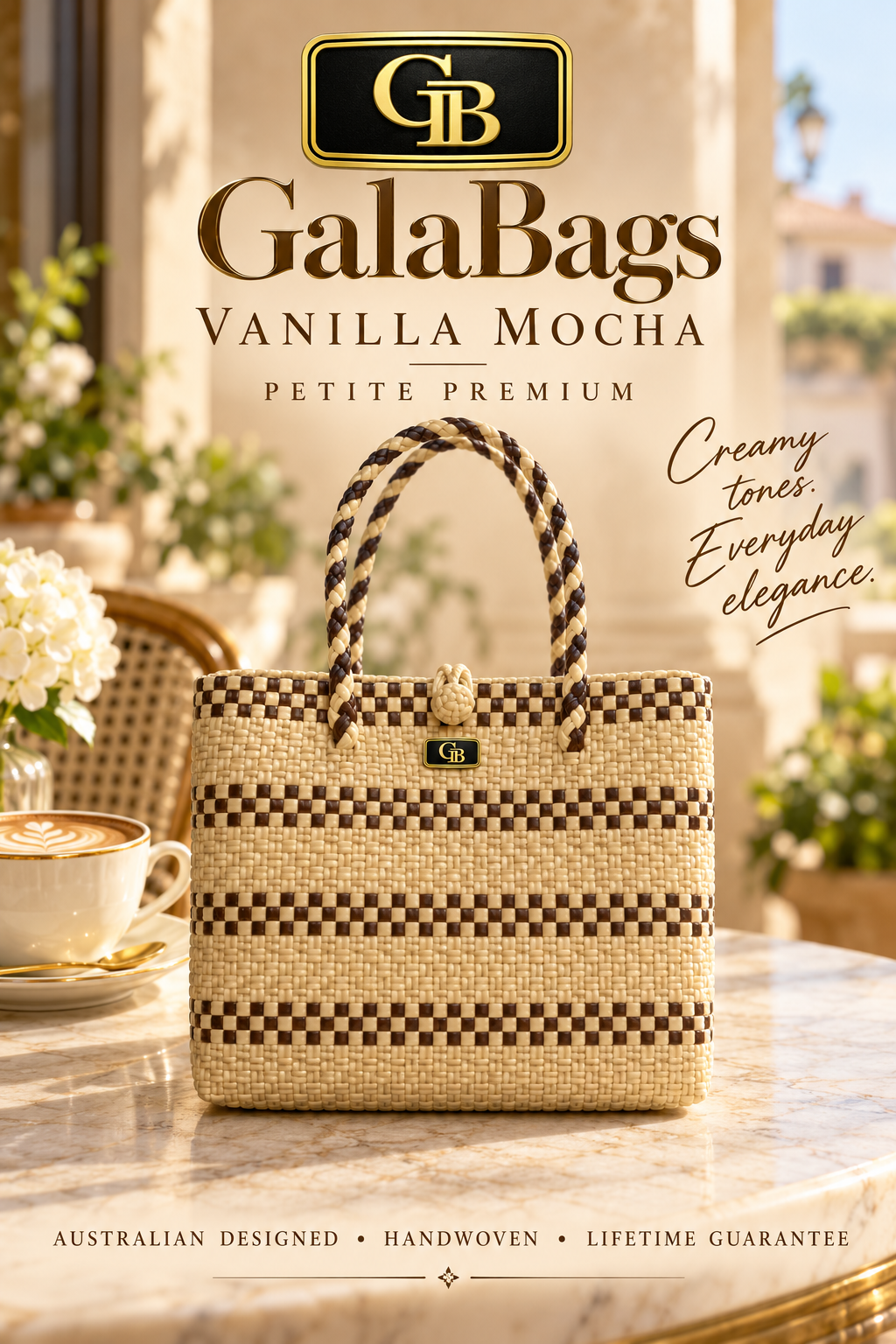 Vanilla Mocha Petite Premium GalaBag styled cover with GB logo and badge