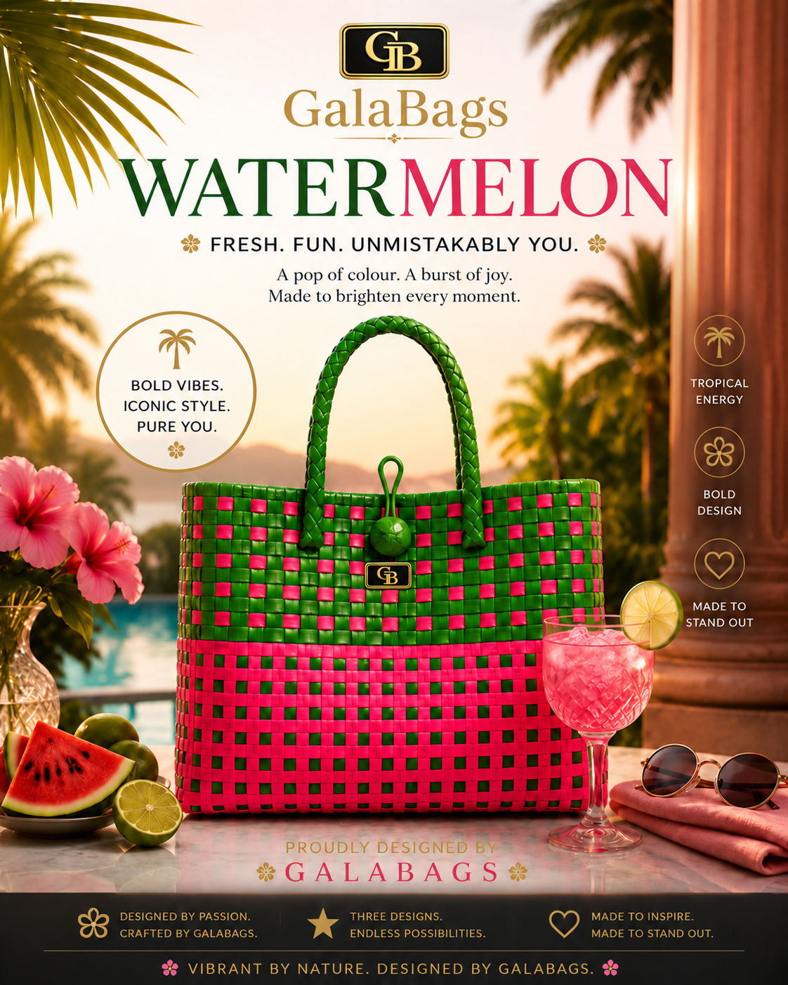 Watermelon GalaBag bright green and pink handwoven tote in branded promotional styling