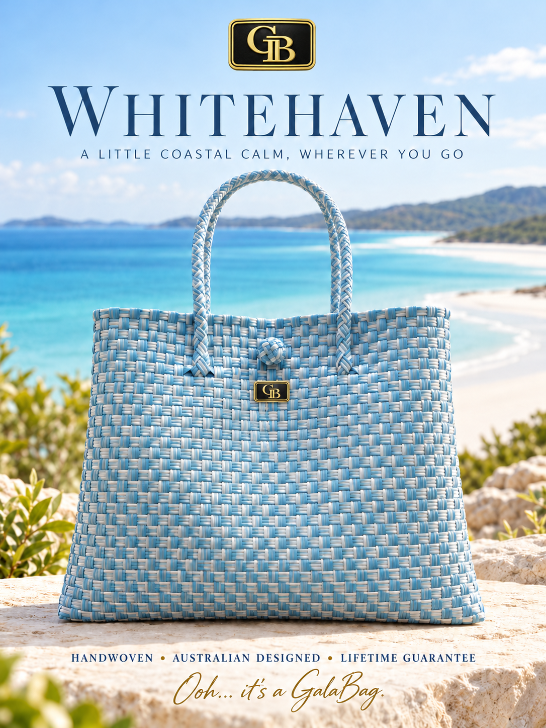Whitehaven GalaBag in sky blue, pale blue and white step weave with GB badge — AI-styled coastal cover